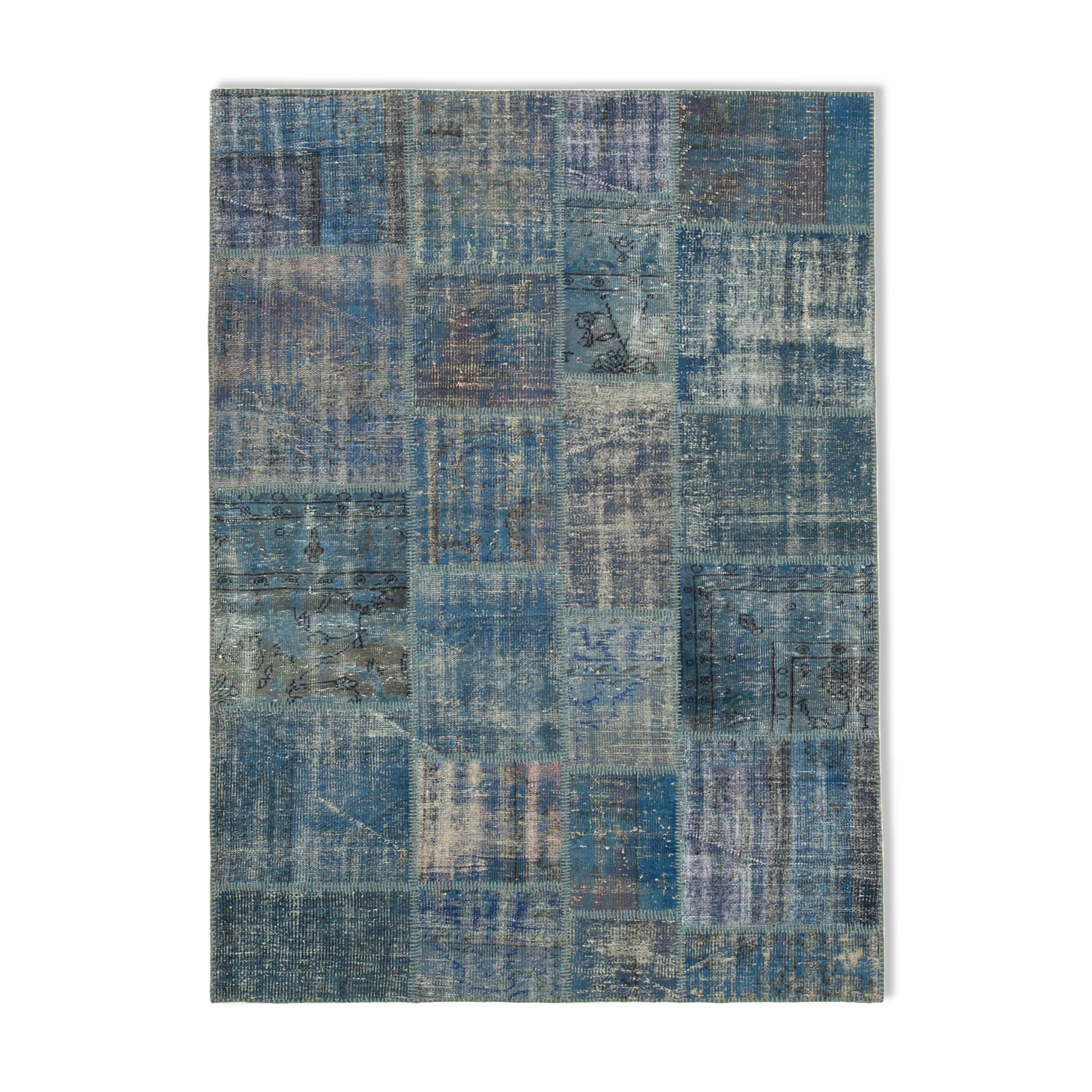 Handmade anatolian overdyed 176 cm x 243 cm blue patchwork carpet
