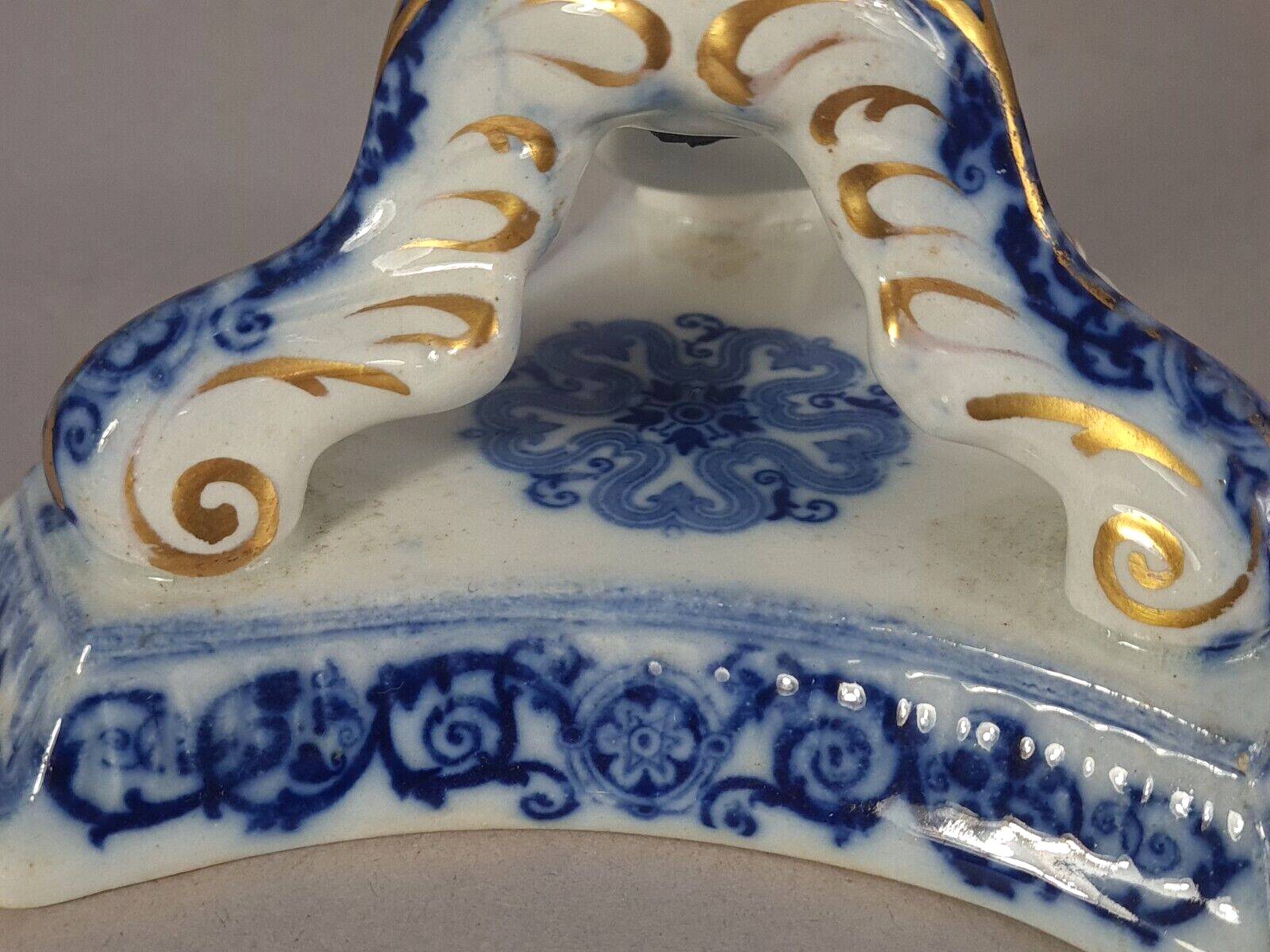 Beautiful covered tripod compote dish in blue and gold earthenware from the late 19th century SC