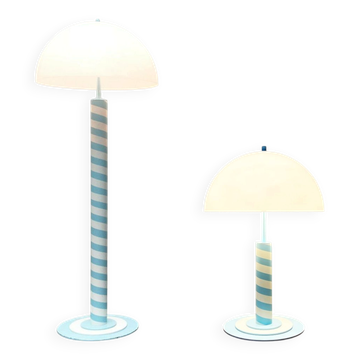 Postmodern German floor lamp and table lamp with a light blue and white swirl pattern, 1980s, set of 2.