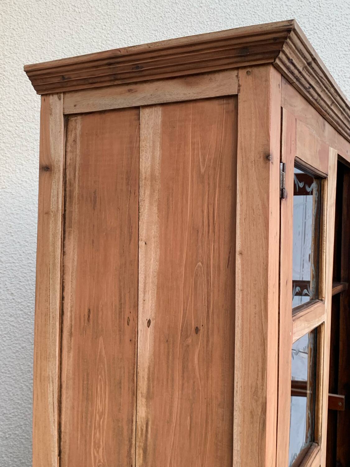 Parisian wardrobe in raw wood with engraved glass from 1920.
