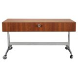 Restored Danish teak rolling media console, 1970s.