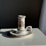 Small vintage hand-held candlestick in earthenware with green trim and floral decoration H10.5