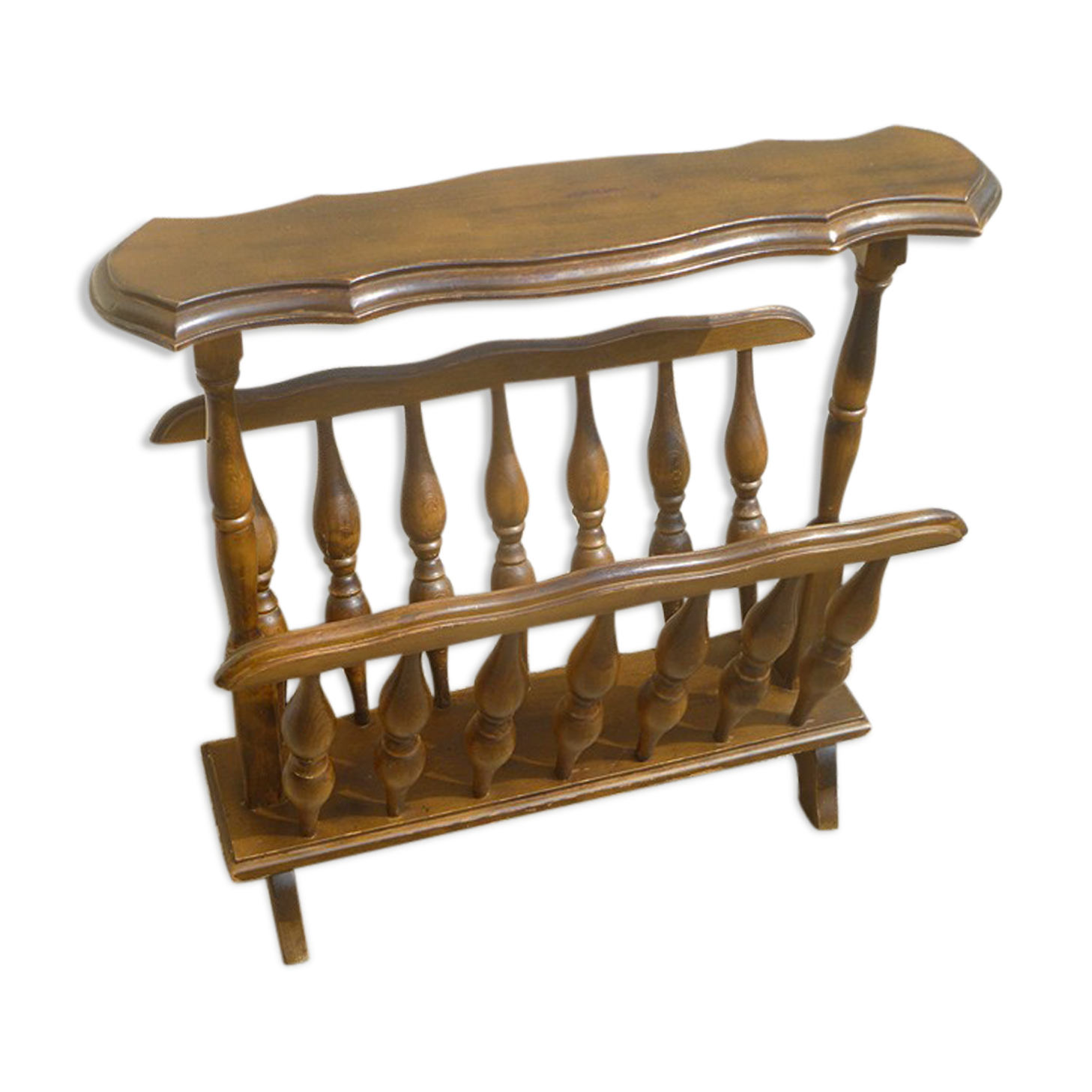 Vintage wooden magazine rack with tablet