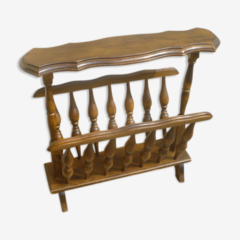Vintage wooden magazine rack with tablet