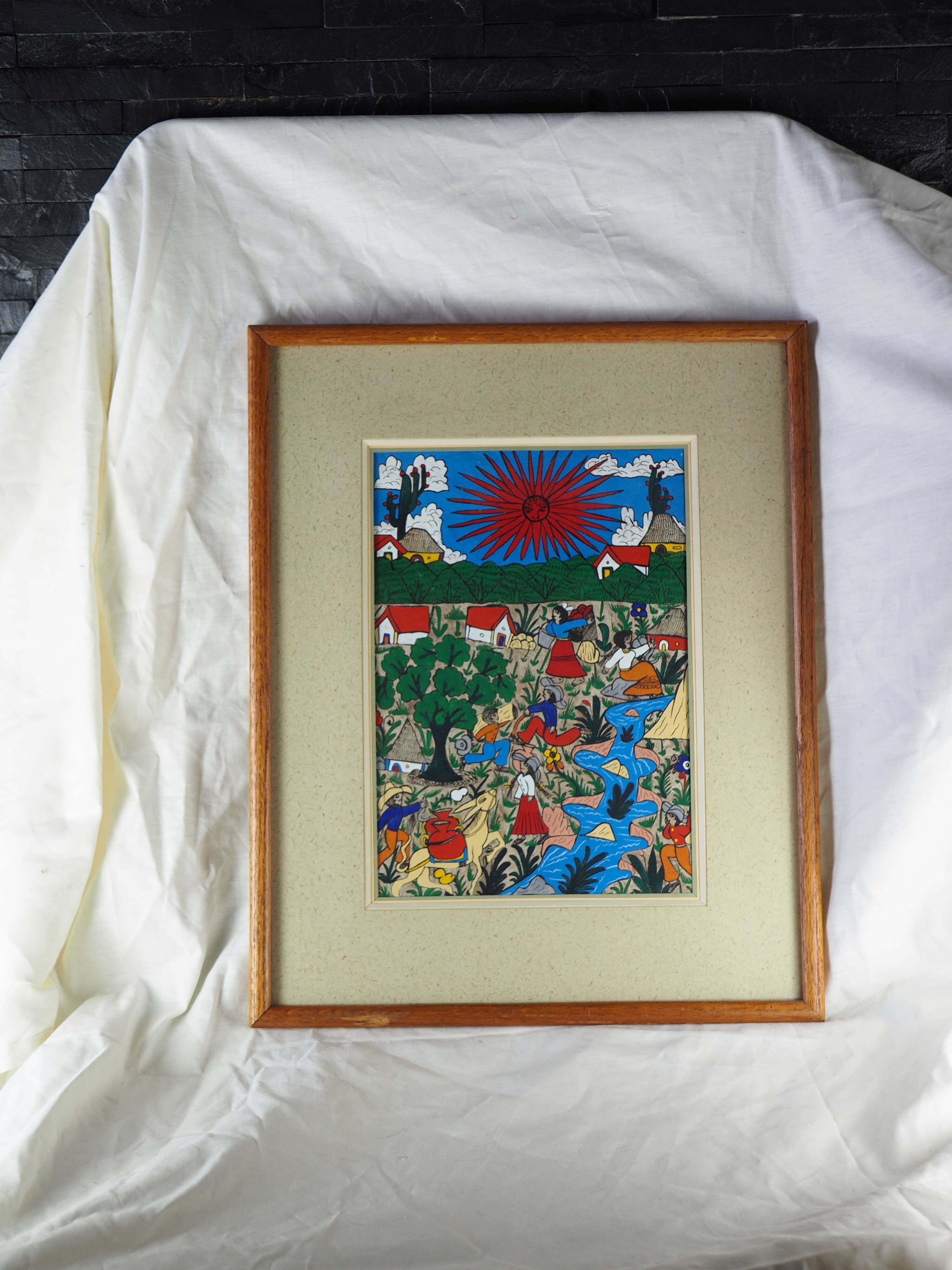 Peasants, river and donkey under a red sun - Mexican folk art - 1970s