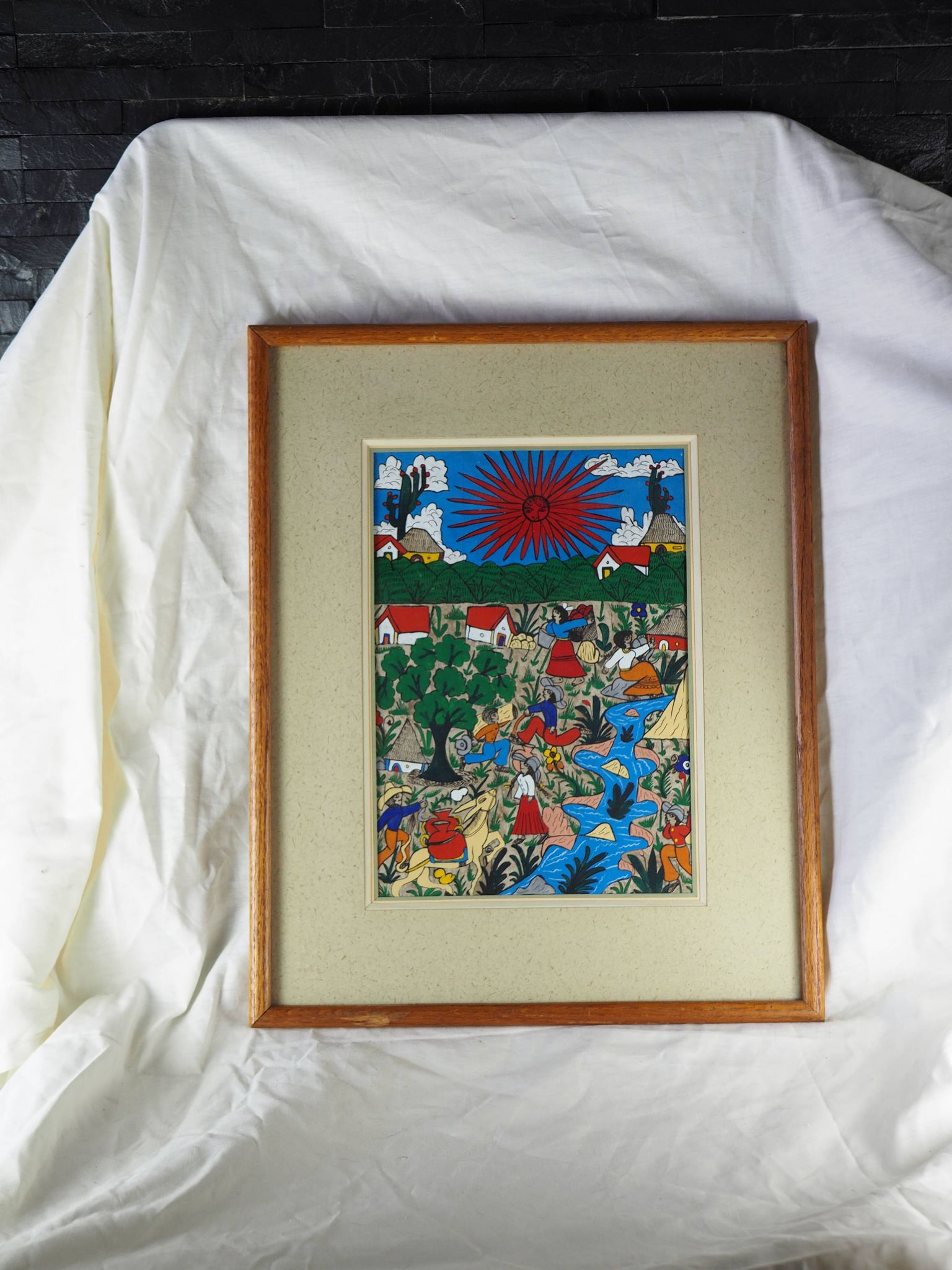 Peasants, river and donkey under a red sun - Mexican folk art - 1970s