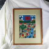 Peasants, river and donkey under a red sun - Mexican folk art - 1970s