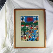 Peasants, river and donkey under a red sun - Mexican folk art - 1970s