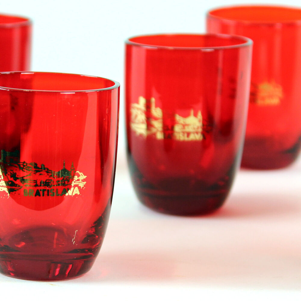 Midcentury alcohol bottle & shots set in red glass, Czechoslovakia circa 1960s