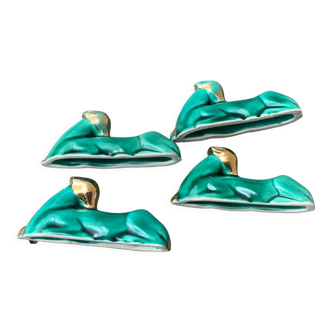 4 knife holders the deer in green and gold glazed ceramic art deco
