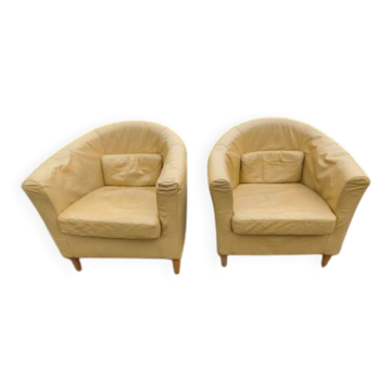 Pair of vintage light brown faux leather armchairs