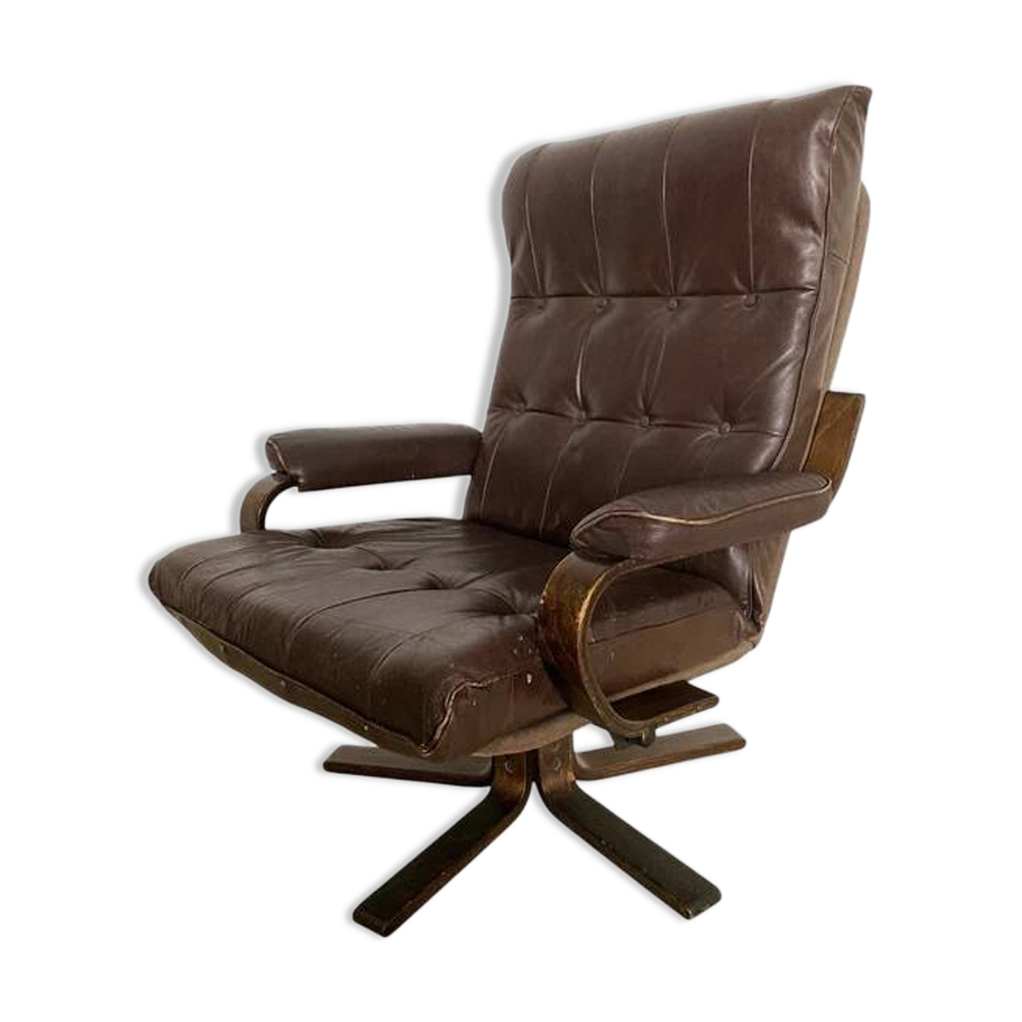Vintage Scandinavian armchair in curved wood and leather