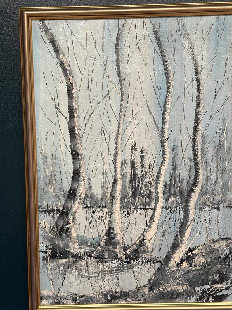 Mid Century Scandinavian Oil Painting – Trees By Gunnar Lundén Vintage & Framed 42 × 57 Cm