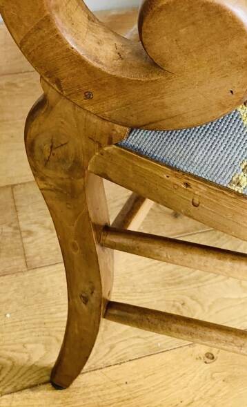 19th century St Empire armchair in pegged blond walnut with cross-stitched tapestries