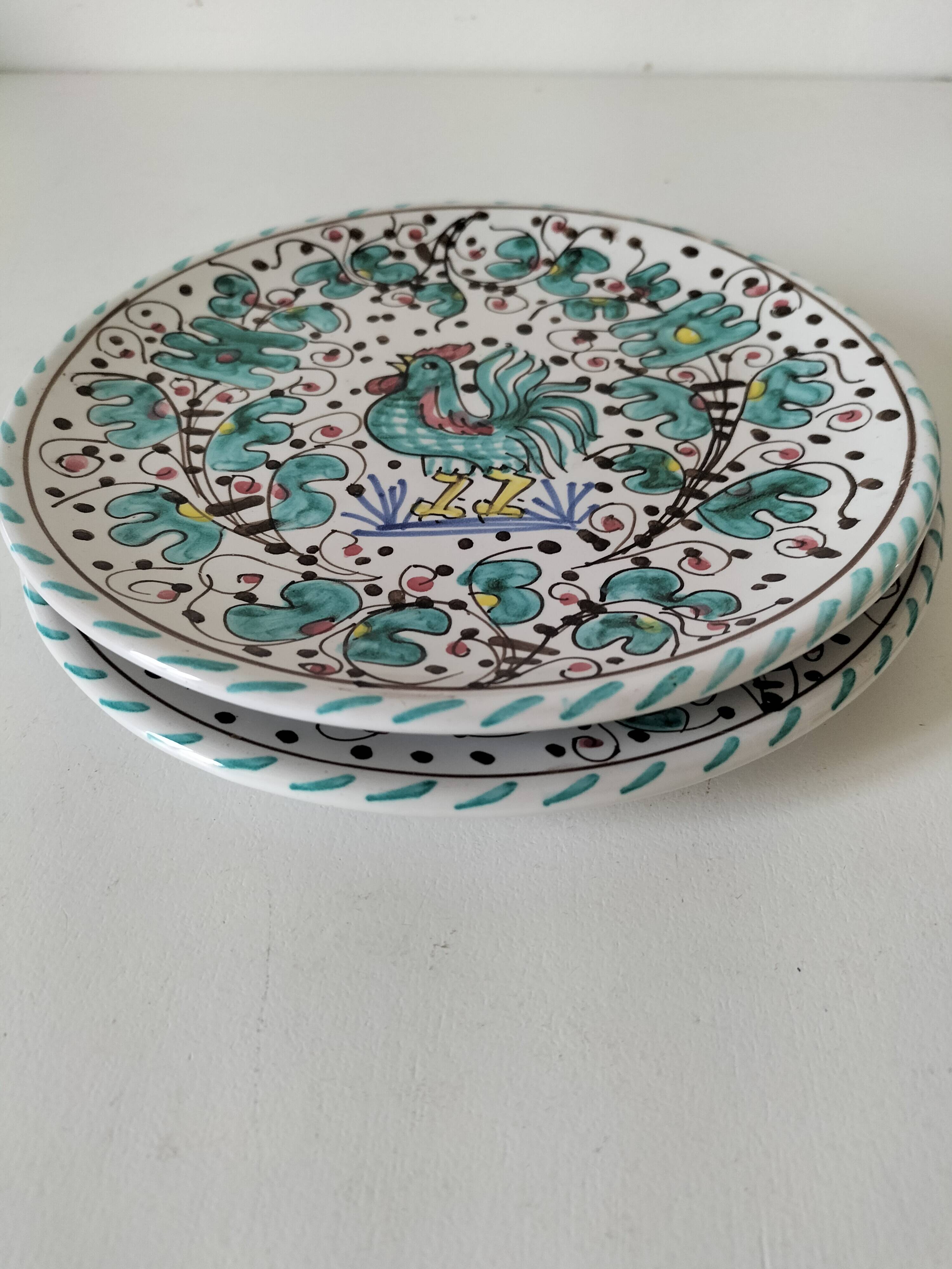 Duo d’assiettes Deruta Etrusca coq vert majolique italienne