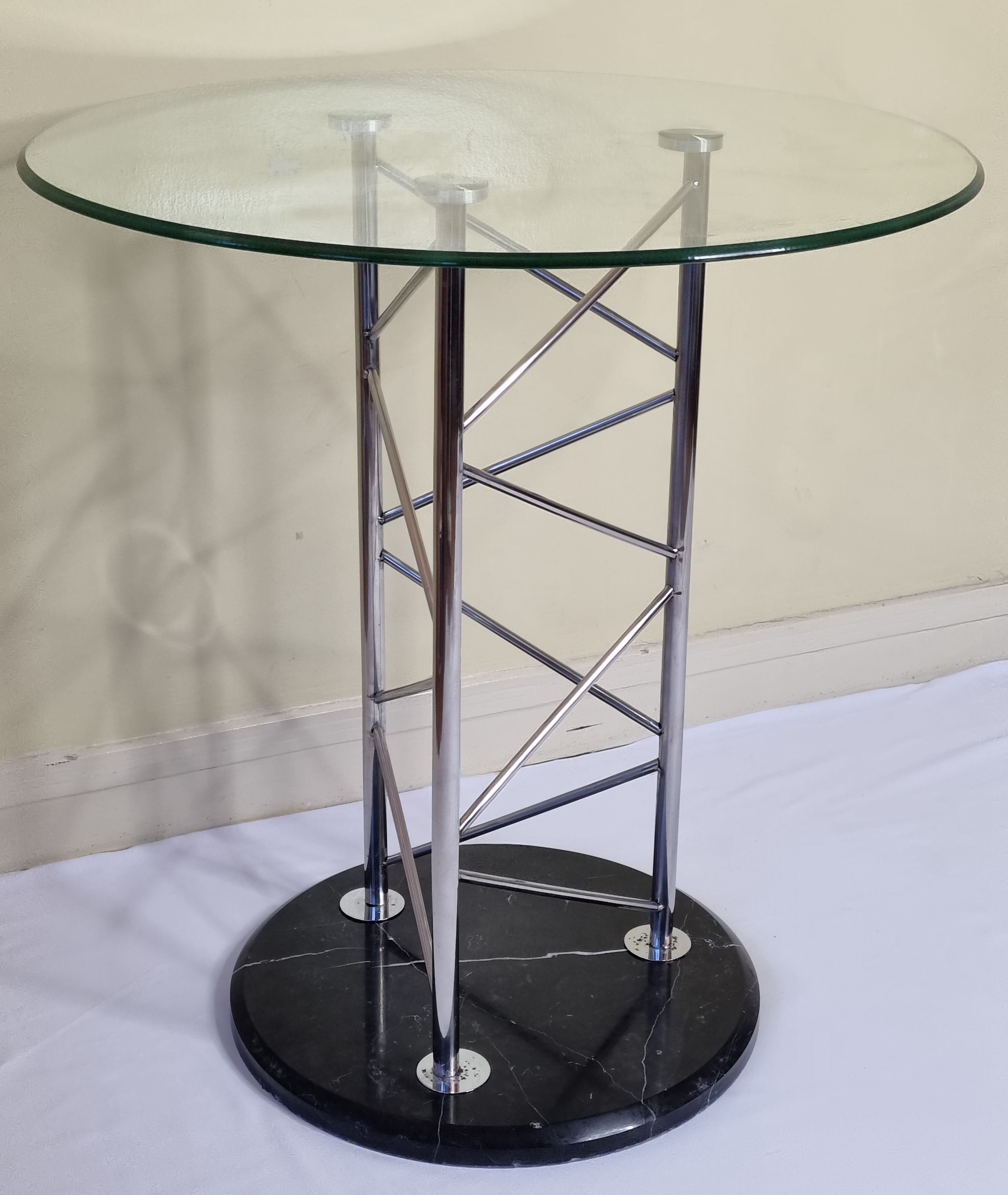 Side table "Eiffel" in glass and chrome steel with a marble base, 80s