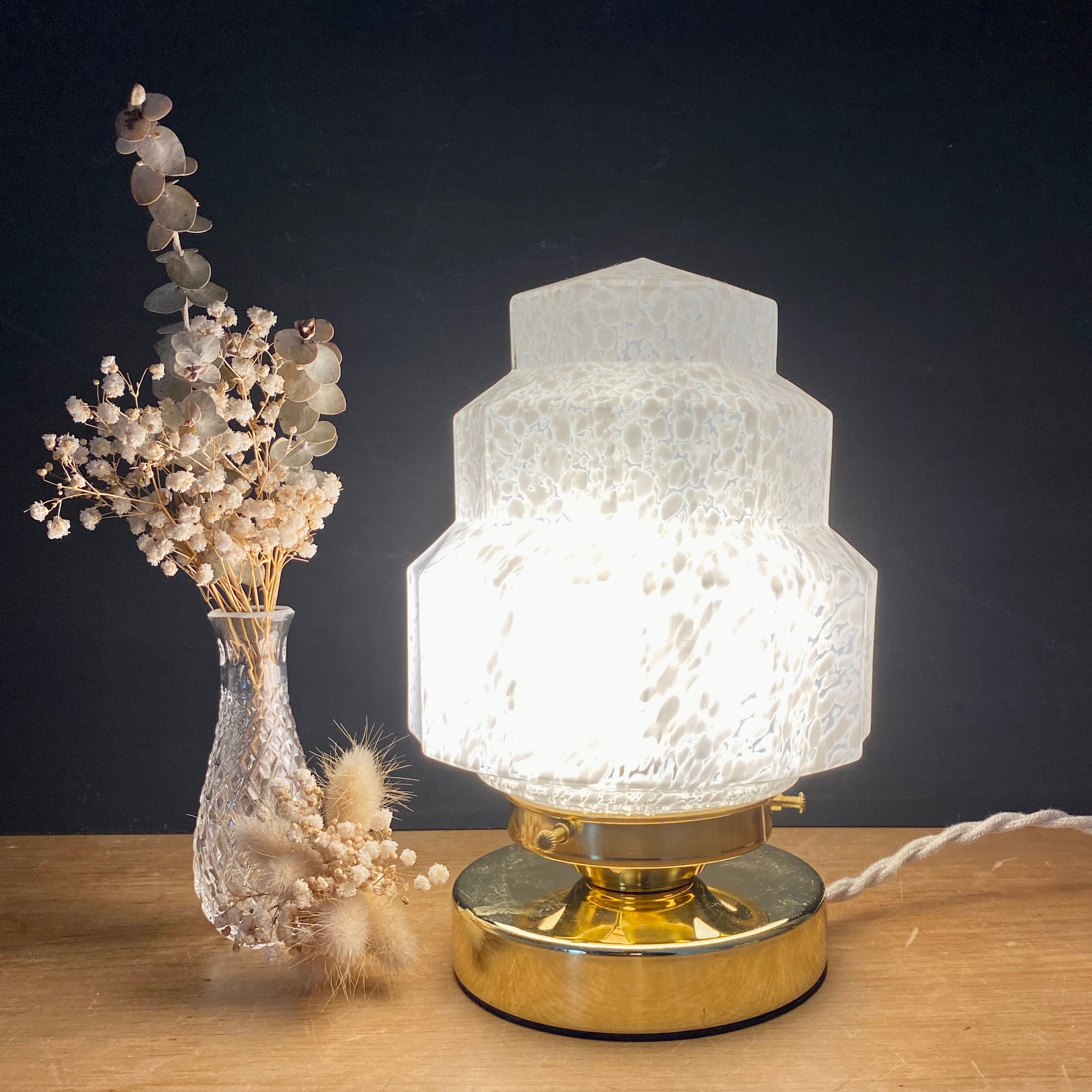 Table lamp vintage globe art deco glass of Clichy white