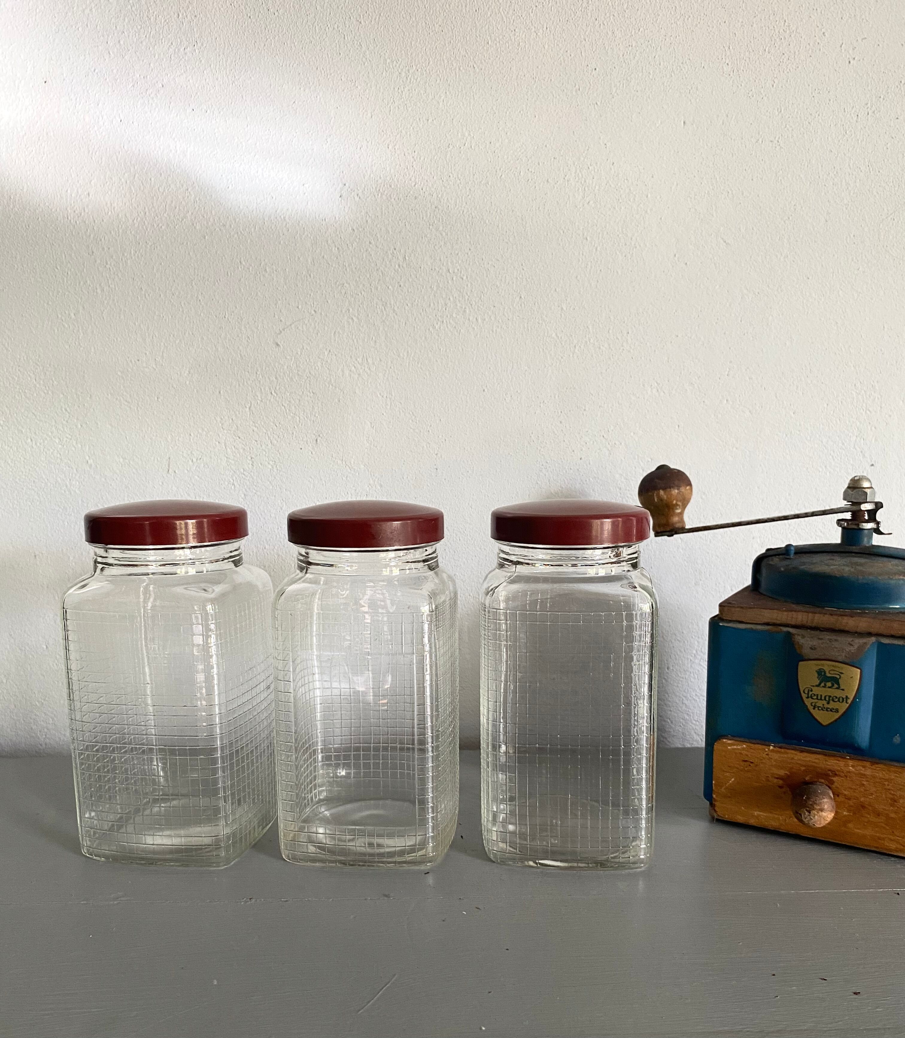 Trio bocaux verre quadrillé bouchon vintage