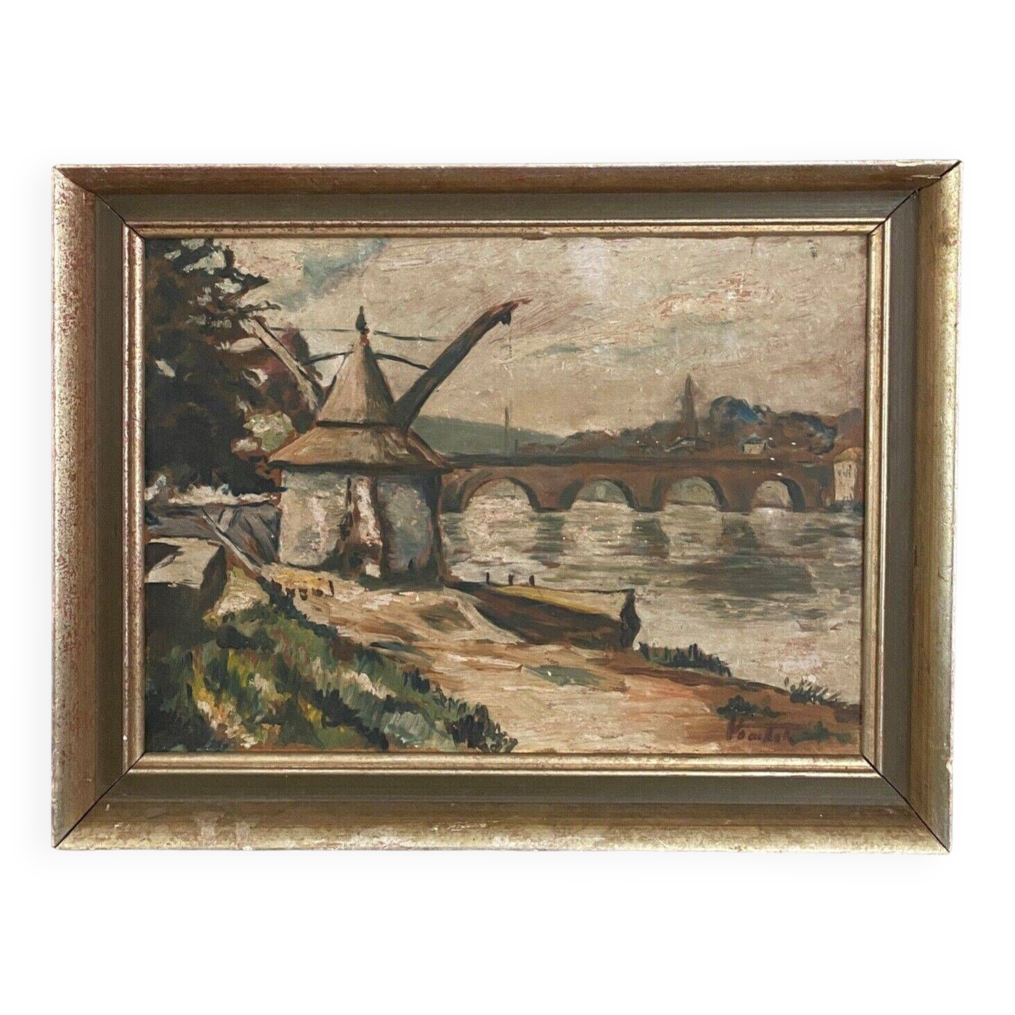 Oil on panel by Poubal 20th century representing a limed frame mill