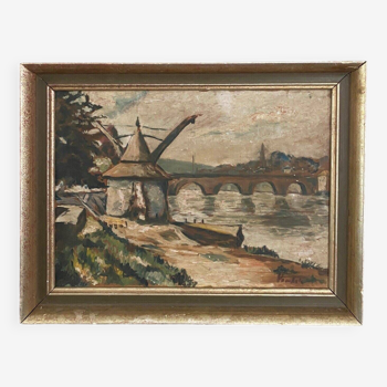 Oil on panel by Poubal 20th century representing a limed frame mill