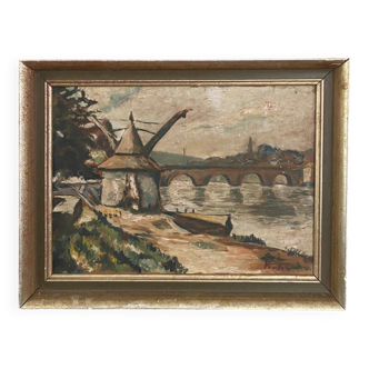 Oil on panel by Poubal 20th century representing a limed frame mill