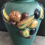 Green ceramic vase with polychrome decoration of fruits and vegetables in relief 33.5 cm