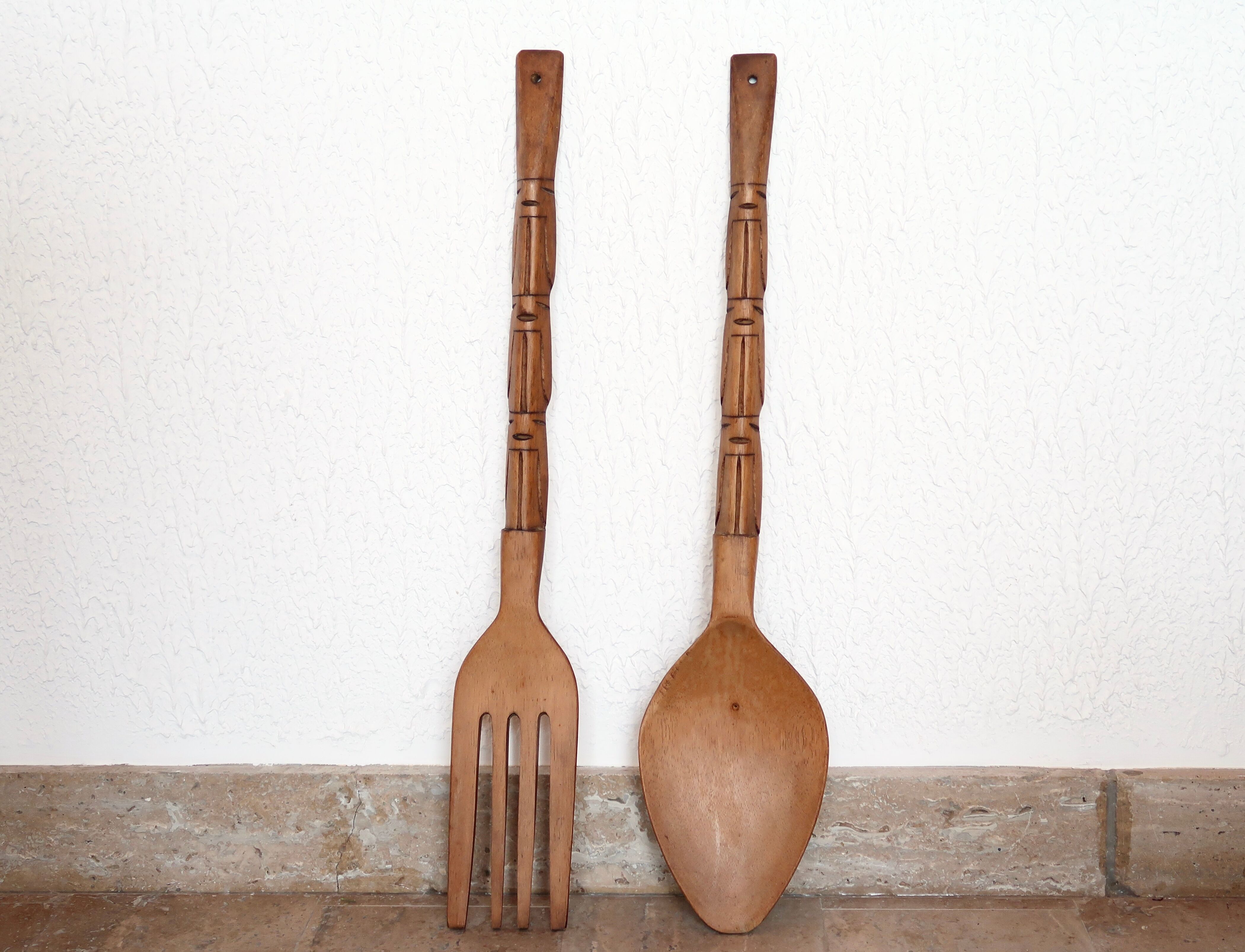 Giant wooden totem-style cutlery, 60s