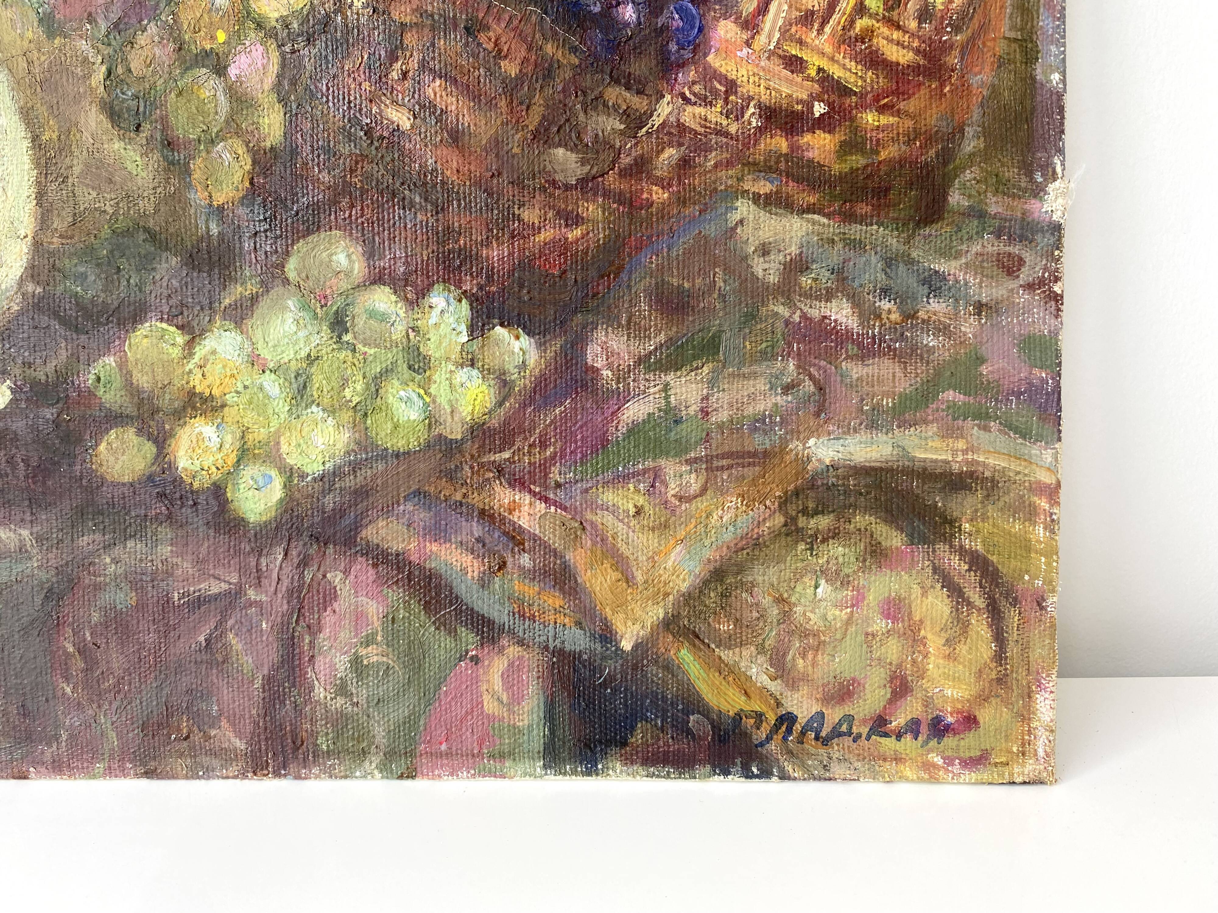 Nature morte à l'huile sur toile signée Gladkaya, peinture de fleurs et fruits années 60