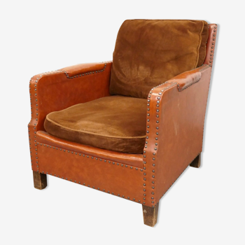 Leather and velvet club chair 1940/1950