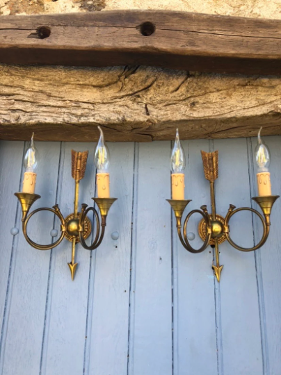 French neoclassical antique wall sconces  highly detailed with hunting horn and arrow motif hunting