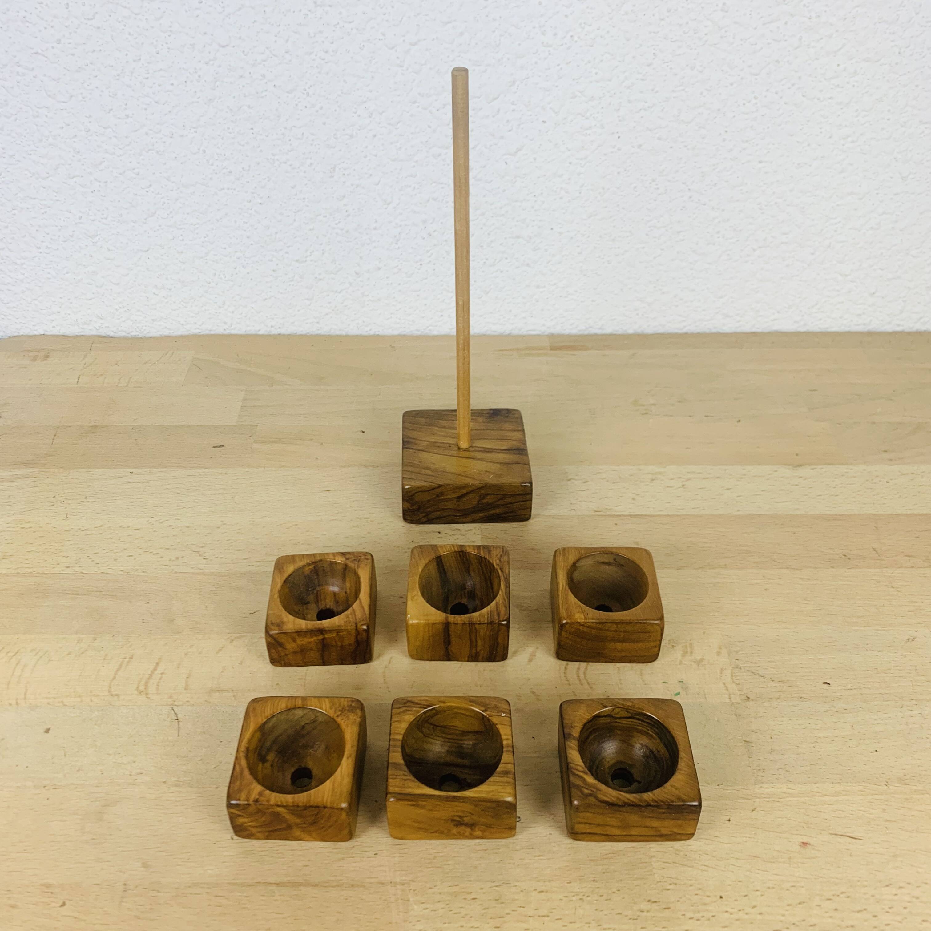 6 olive wood egg cups and their support