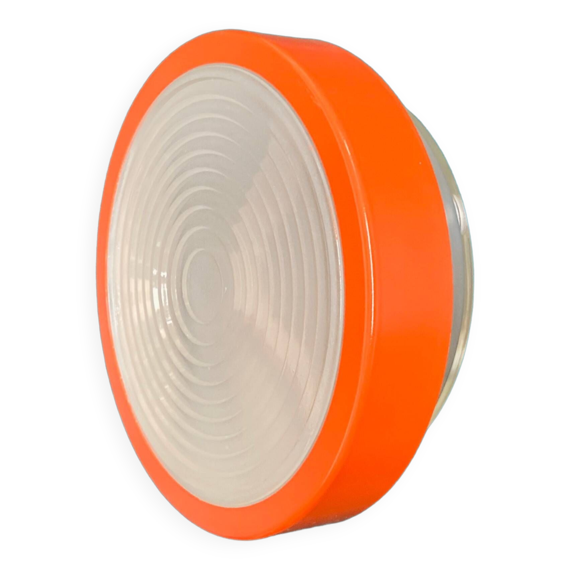 Large round Holophane wall lamp in glass and orange metal, industrial vintage decoration
