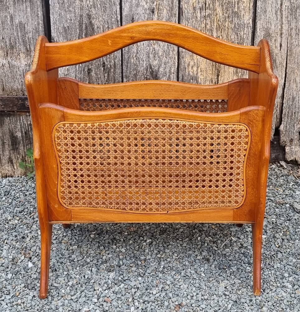 Magazine rack, wood and canework, vintage, 70s - 80s