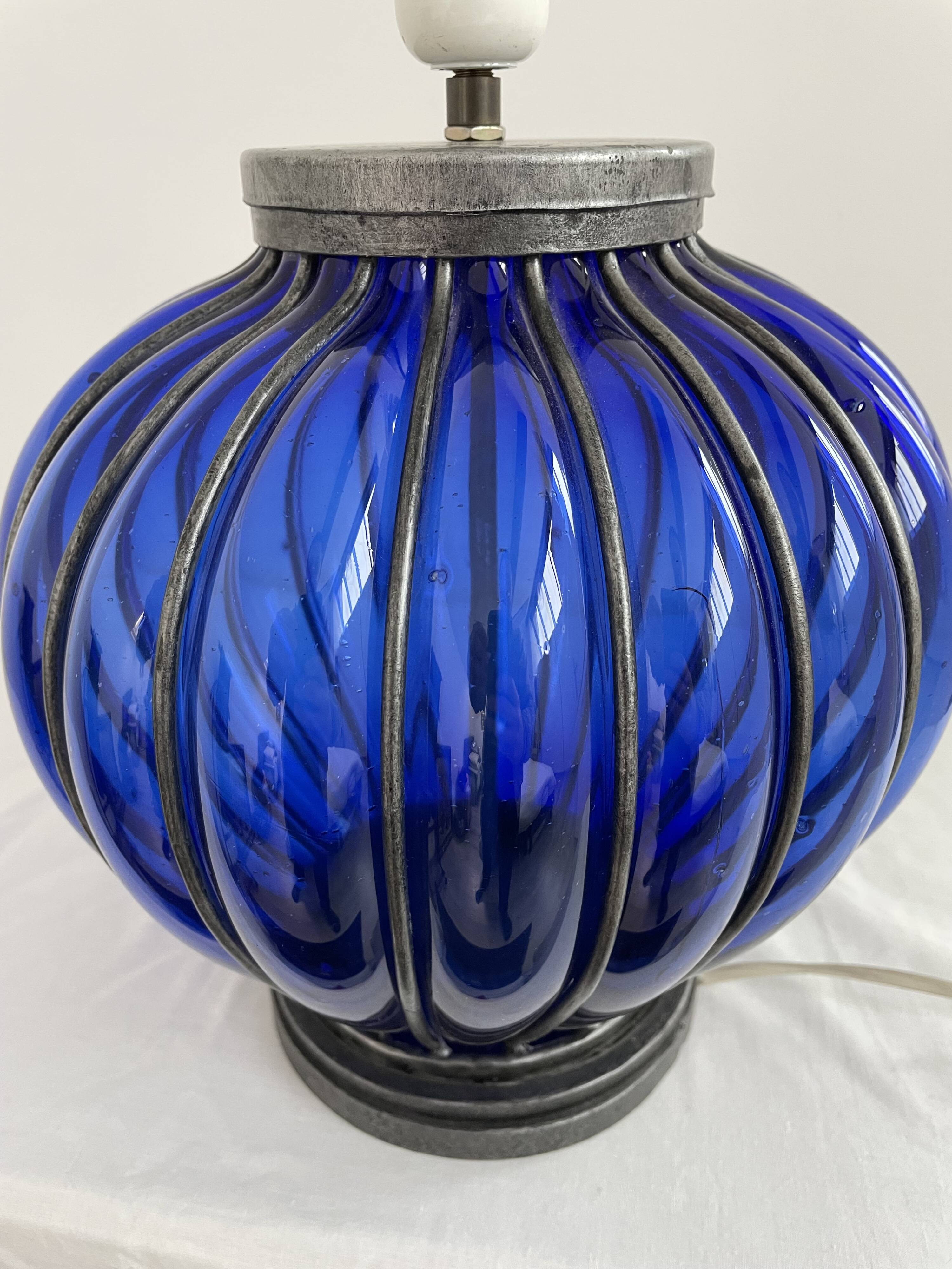 Vintage, blown glass lamp base, cobalt blue, silver metal frame, designer lamp, chic