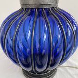 Vintage, blown glass lamp base, cobalt blue, silver metal frame, designer lamp, chic