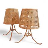 Mid-Century Bamboo and Cane Pair of Large Table Lamps By Louis Sognot, 1970s