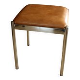 Tabouret de bain ou de chambre en métal chromé, bois et similicuir, vintage des années 70