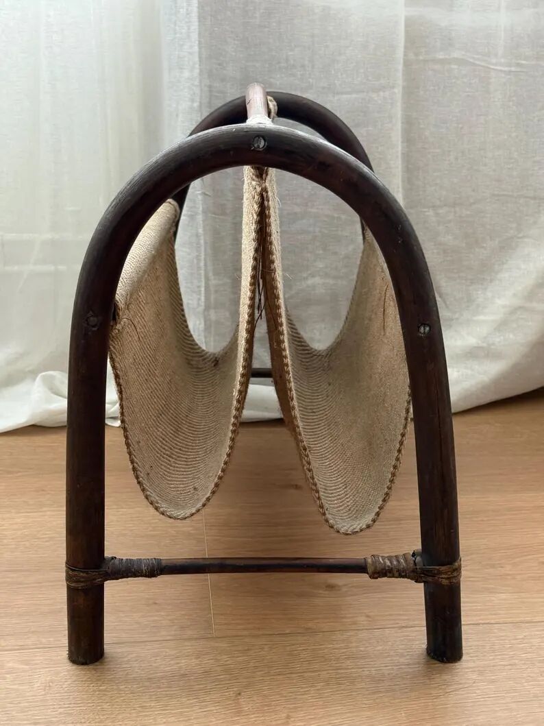 porte-revues vintage en rotin et jute | style bohème des années 50 | années 1970