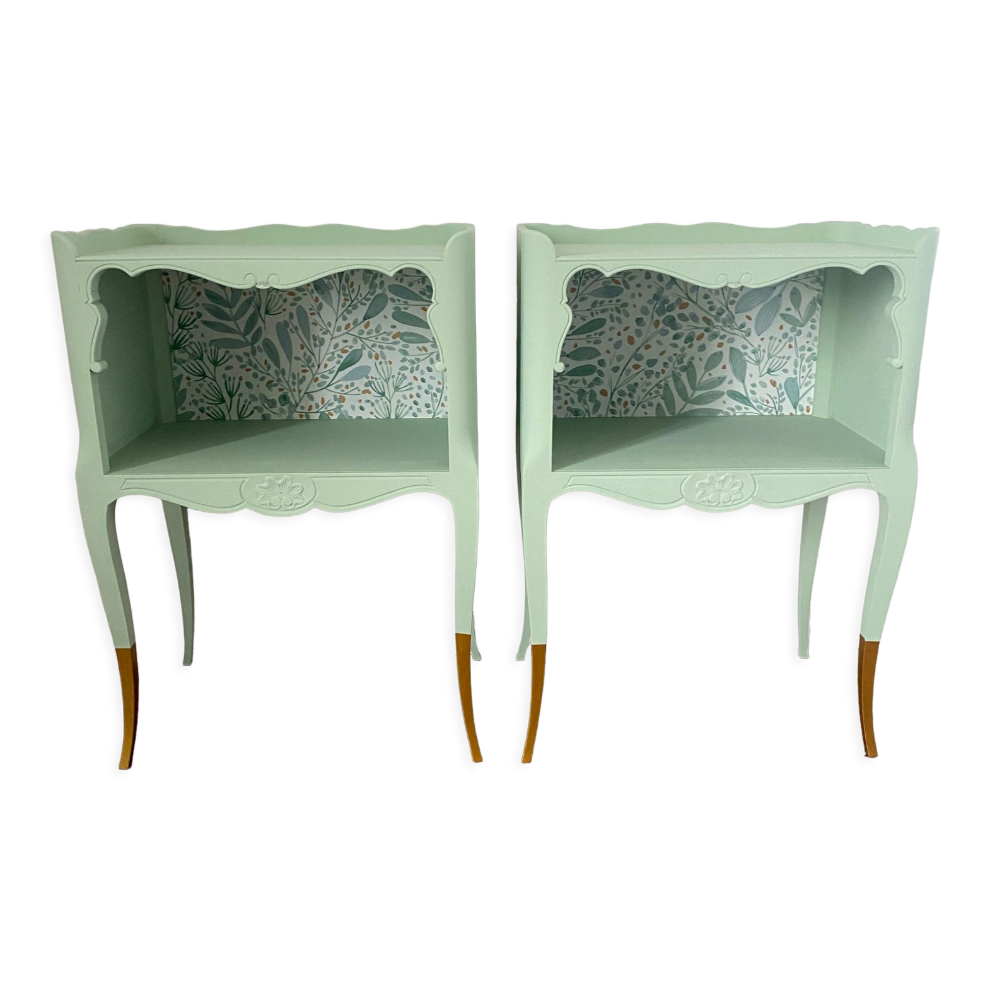 Pair of wooden bedside tables restyled green celadon