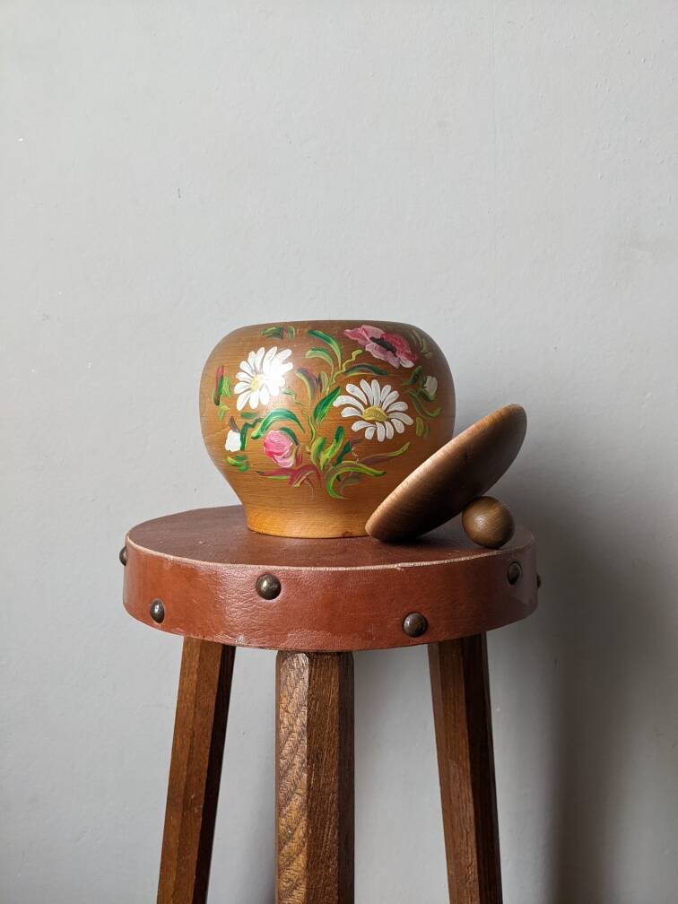 Turned wooden candy box with hand-painted floral decoration, country decor