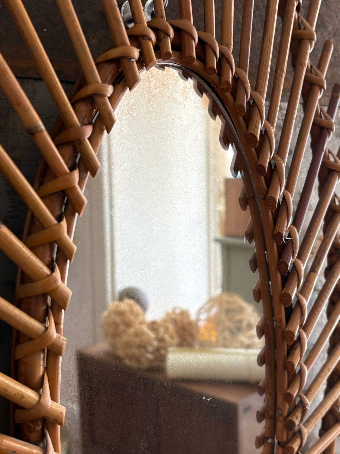 Large antique rattan mirror