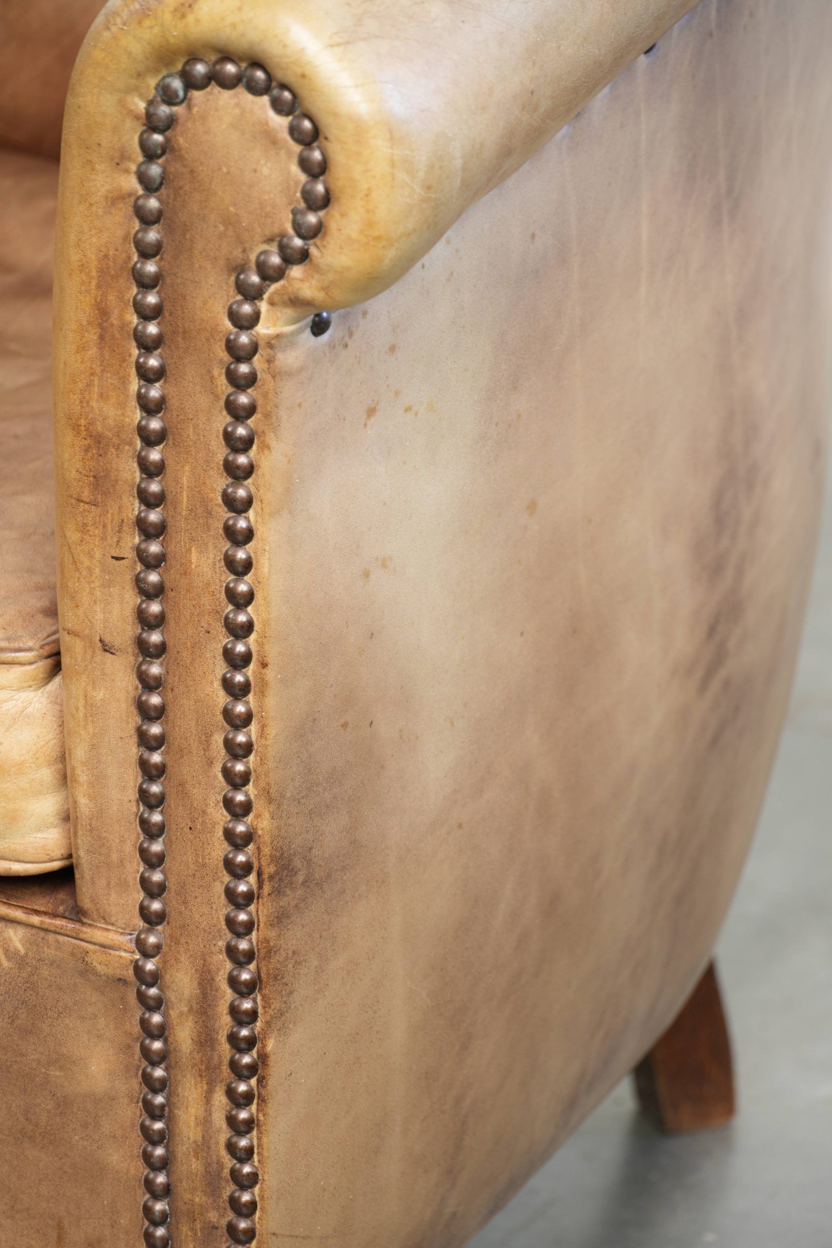Vintage cowhide club armchair in English style in a light colour scheme