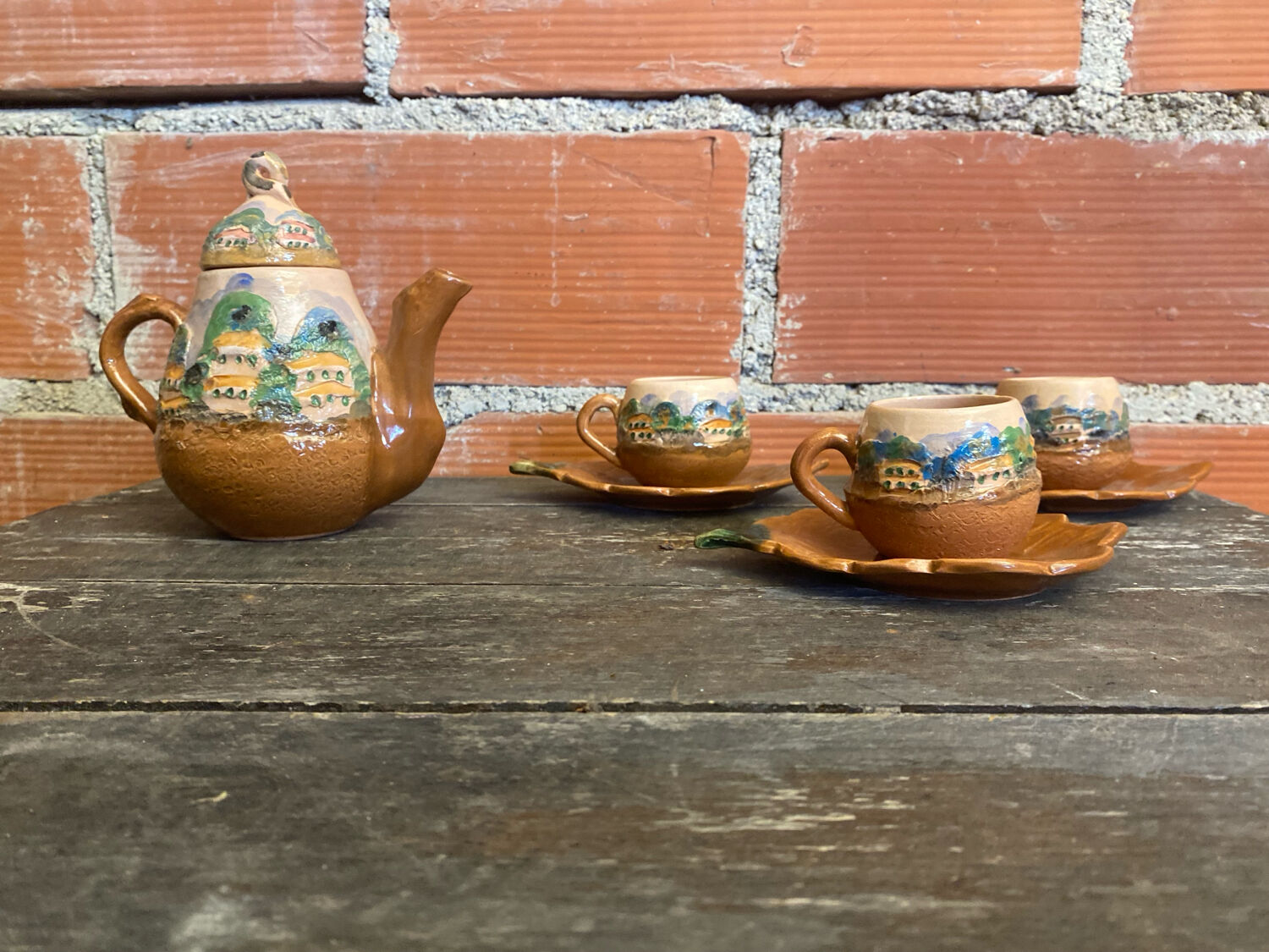 Teapot + 3 Antique Glazed Terracotta Cups Landscape Decor Vintage
