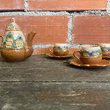 Teapot + 3 Antique Glazed Terracotta Cups Landscape Decor Vintage