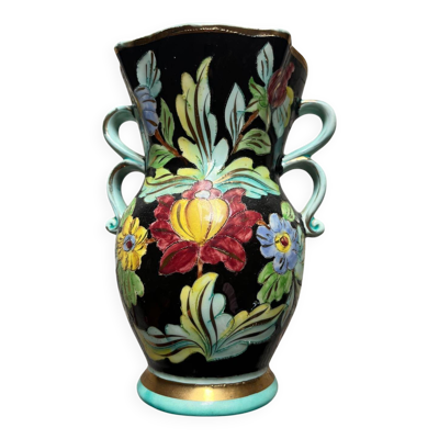 Grand vase Art Monaco vintage années 50-60 – décor floral peint main