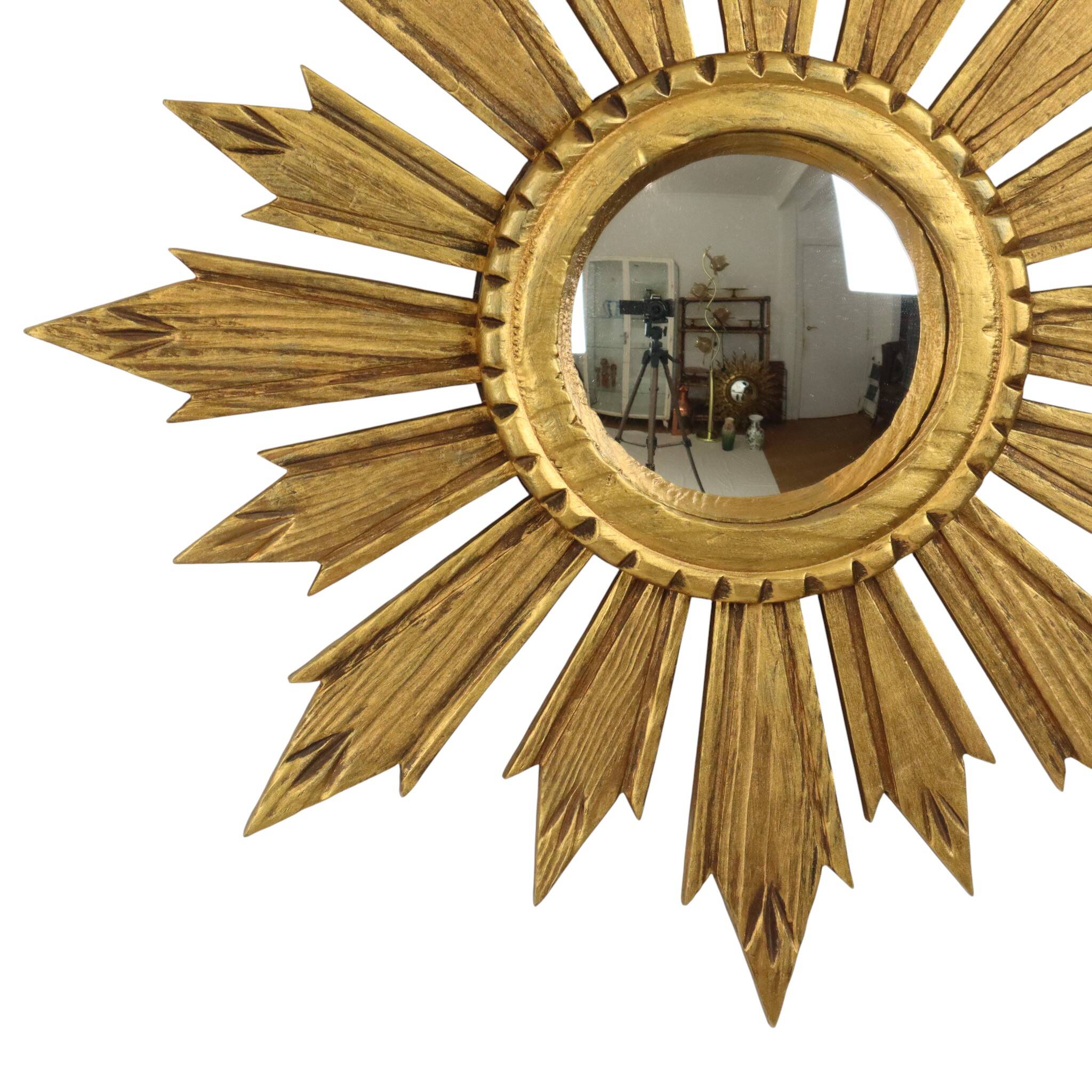 Vintage Wooden Sunburst Sun Mirror Convex France 51cm