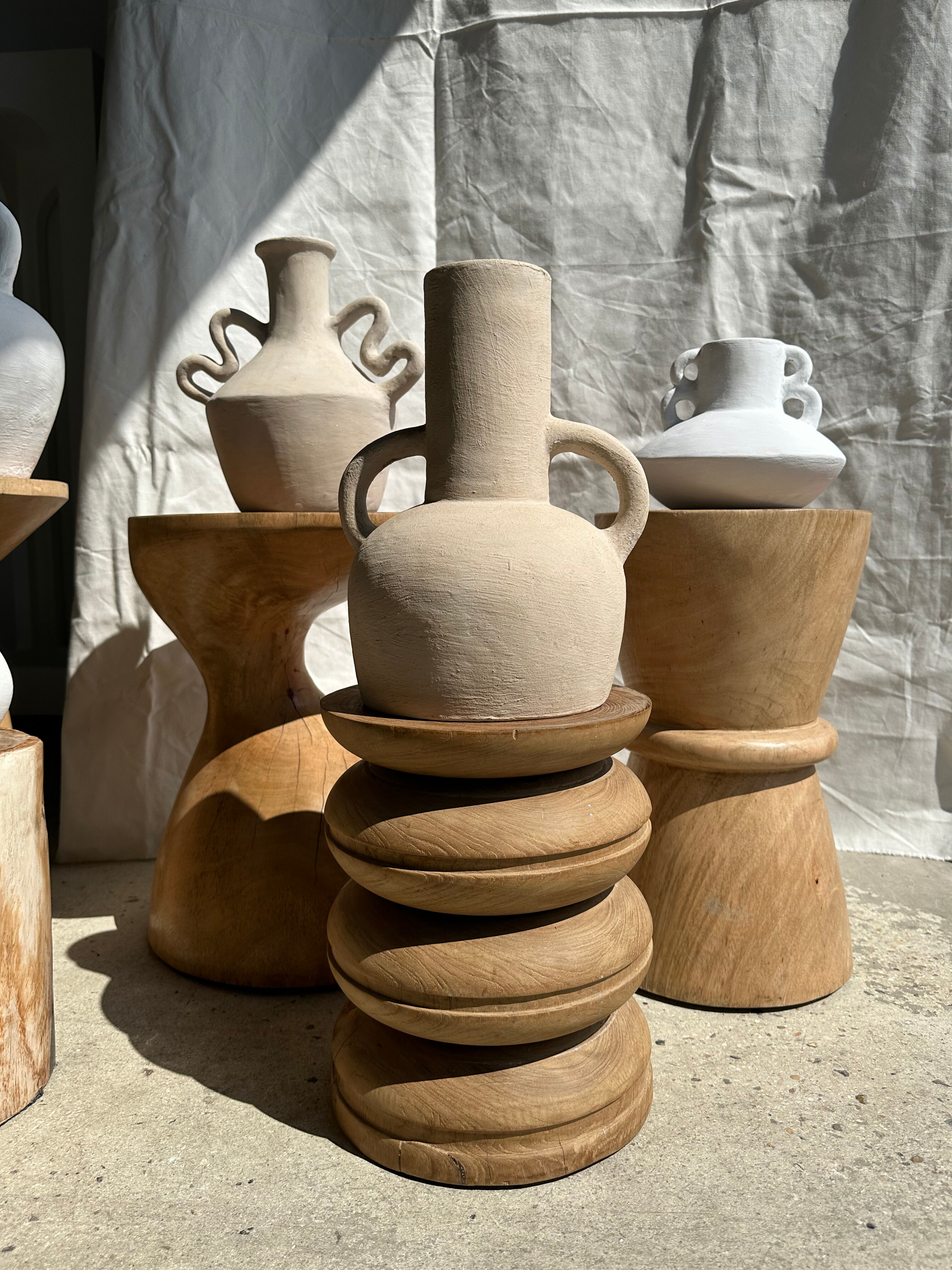 Handmade terracotta vase painted white with double handles H:16 D:20