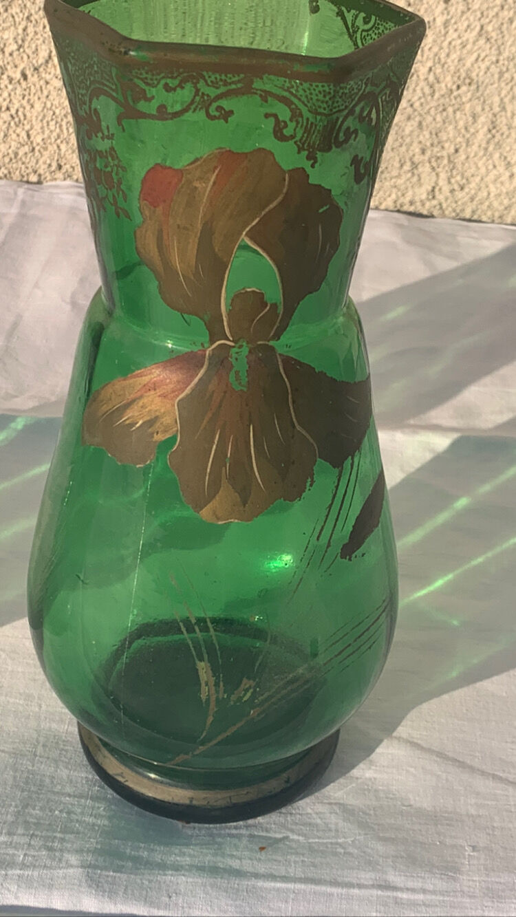 Pair of iris vases gilded transparent glass green and iris hand painted art nouveau, collector