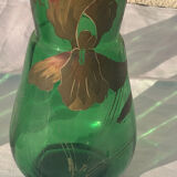Paire de vases aux iris dore verre transparent vert et iris peint a la main art nouveau, collector