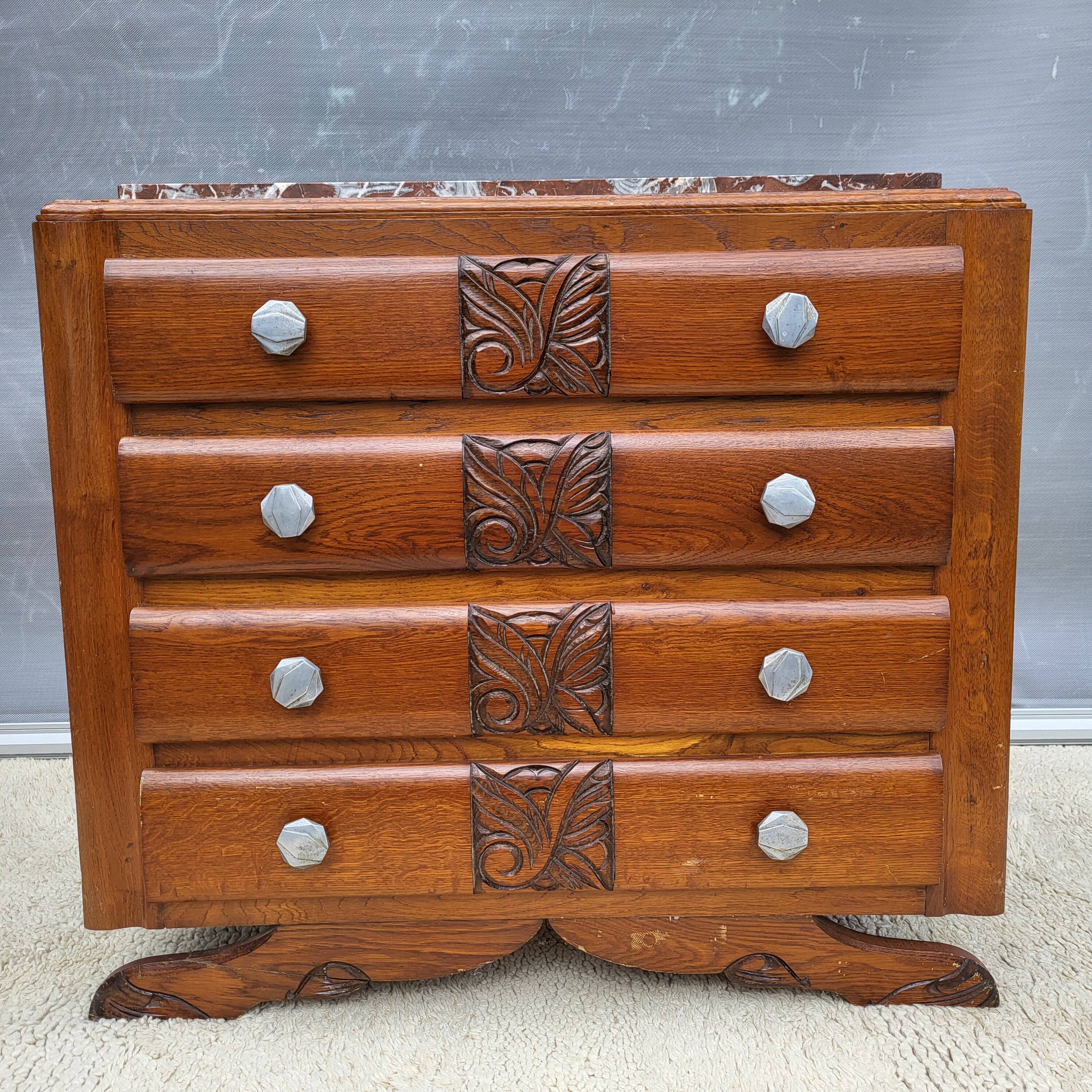 1930 Art Deco chest of drawers with recessed pink marble